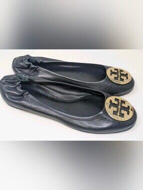 Tory Burch Reva Flats Black Womens 10 M Soft Leather Gold Logo